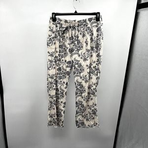 Knox Rose Pants M Floral Linen Blend Elastic Waist Drawstring Raw Hem Cream Blue